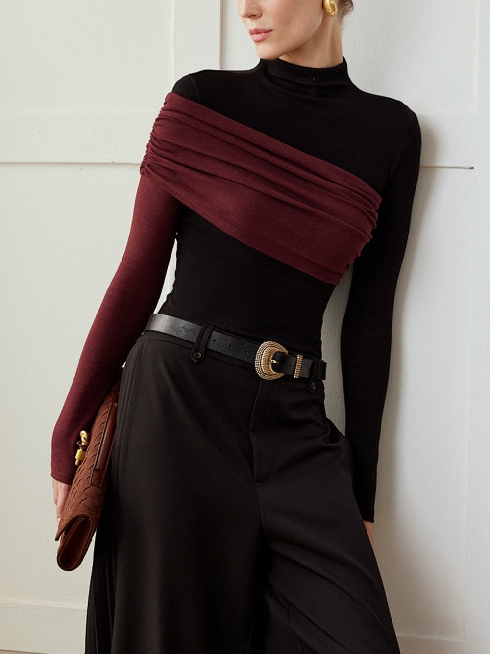 Commense Color Block Pleated Jersey Slim Top
